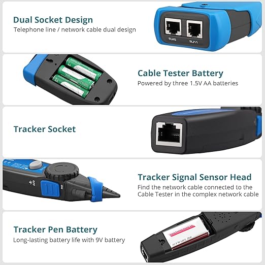 Network Cable Tester, PoE Cable Tester for CAT5, CAT5e, CAT 6, CAT 7 CAT 8, RJ45, Multifunction Power Over Ethernet Tester, Cable Voltage Tester Line Location Finder Cable Tracer, Wire Tracker
