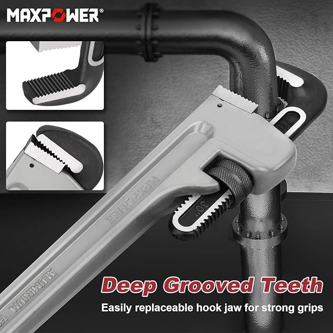 MAXPOWER 30-inch Pipe Wrench, Aluminum Straight Plumbing Wrench Heavy Duty Adjustable Pipe Wrench