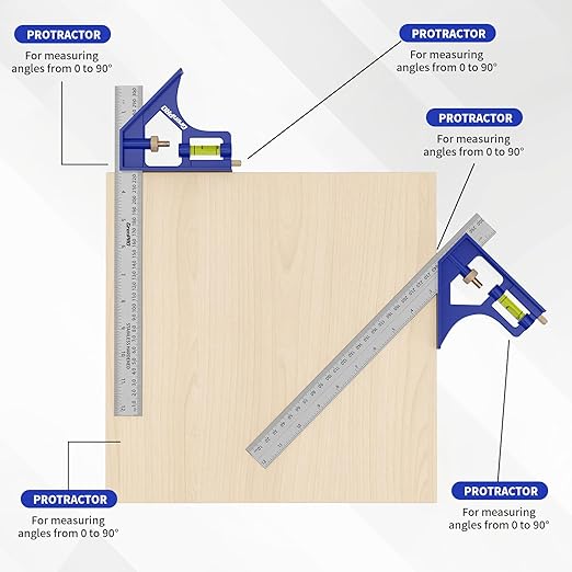 Square Combination Woodworking Tools, 7inch Carpenter Square Wood Working Tools and Accessories, 12inch Square Ruler, Includes 2-in-1 Carpentry Pencil, Protractor Angle Ruler Carpentry Tool