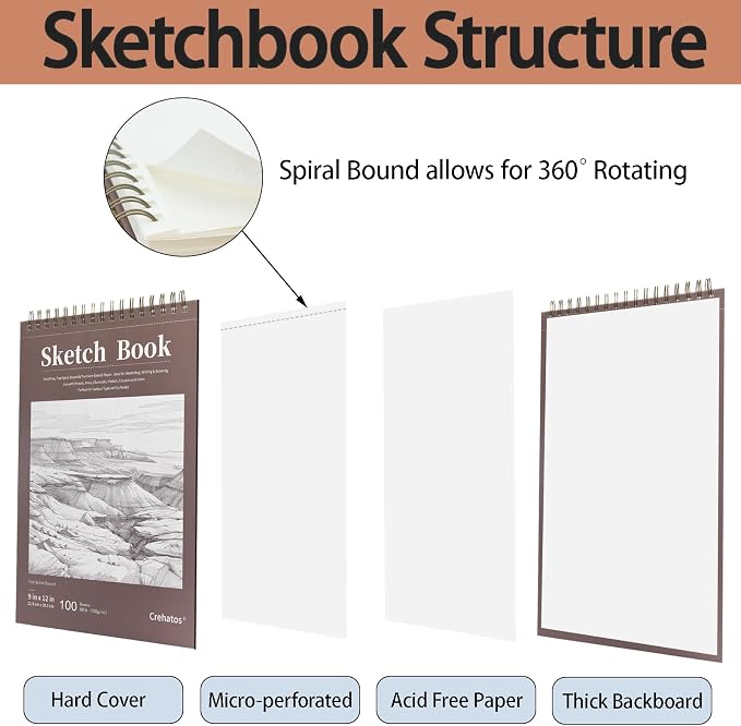 Crehatos 9" x 12" Sketch Book, Top Spiral Bound Sketch Pad, 100 Sheets - Image 3