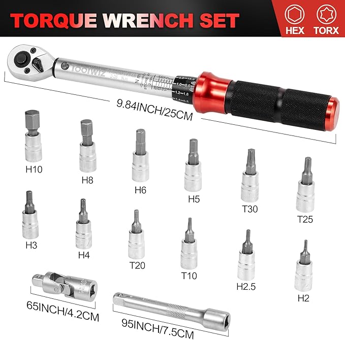 Toolwiz Bike Torque Wrench Set 1/4-Inch Drive 2-26 Nm 17.7-230.1 In-Lb 15 Pieces Torque Wrenches Tool Kit 72 Tooth Dual-Direction Click Type for Bicycle, MTB, Car Repair, Home Maintance