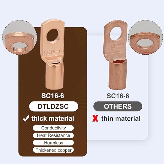 Thick Battery Terminal Copper Lugs,10Pcs Bare Copper 6Awg-1/4(M6) Ring Connections for Electric Lines Terminals for Batteries Connector Clamps with 10Pcs 3:1 Heat Shrink Tubing Assortment Kit