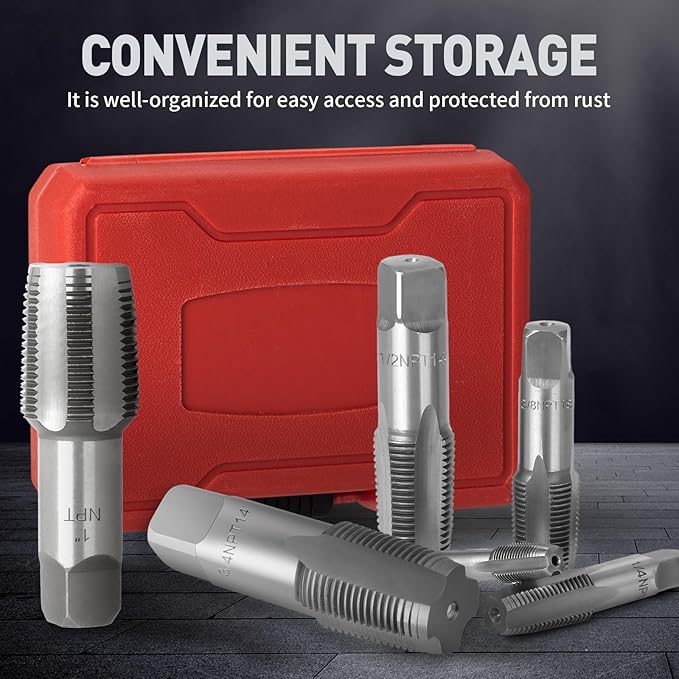 6-Piece NPT Pipe Tap Set, 1", 3/4", 1/2", 3/8", 1/4", 1/8" Taps Threading Tool, Precision Carbon Steel Tap Set Metric and Standard for Clean and Re-Thread Damaged or Jam Pipe Threads in Storage Case