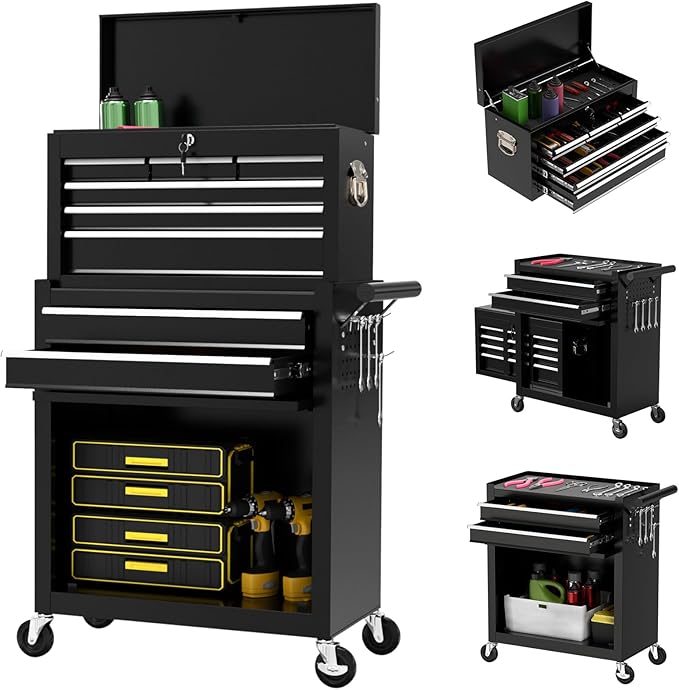 8-Drawer Rolling Tool Chest with Wheels, 2-in-1 Detachable Tool Box with Drawers and Large Cabinet, Rolling Tool Chest Storage Cabinet with Lockable for Warehouse, Garage, Workshop (Black)