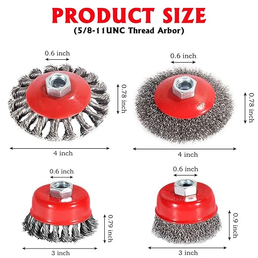 Wire Wheel Brush Set for 4-1/2" Angle Grinders, 3 & 4 Inch, 5/8-11 Thread, Knotted & Crimped Wire, 4-Pack,for Removing Rust, Paint,Corrosion, Burrs, Scales