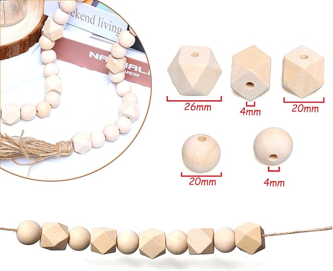 20mm Unfinished Wooden Beads, 20 Geometric and 50 Round Polygon Wood Beads - Image 5