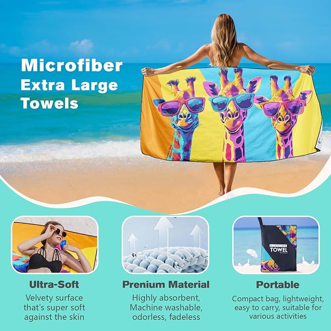 Cool Giraffe Beach Towel Oversized 36" x 72", Thin Lightweight Sand Free Quick Dry Microfiber Towel for Swimming Pool Cruise Camping Travel