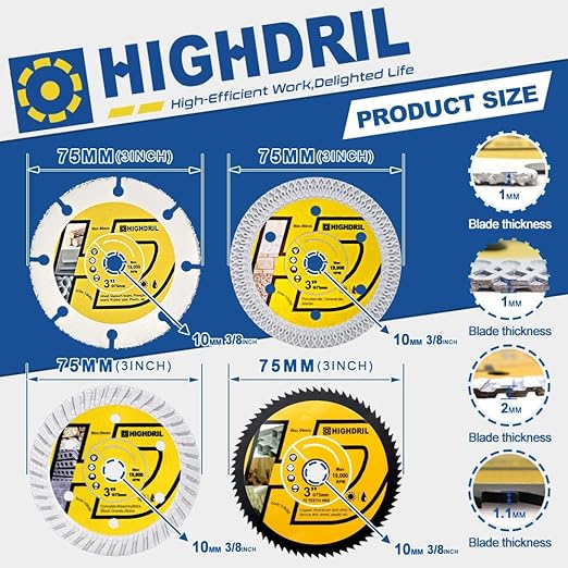 HIGHDRIL 3" 75mm Circular Saw Blade Set 4pcs - Diamond/HSS/Carbide Cutting Disc for Angle Grinder Cutting Metal Tile Marble Granite Plastic Concrete Wood