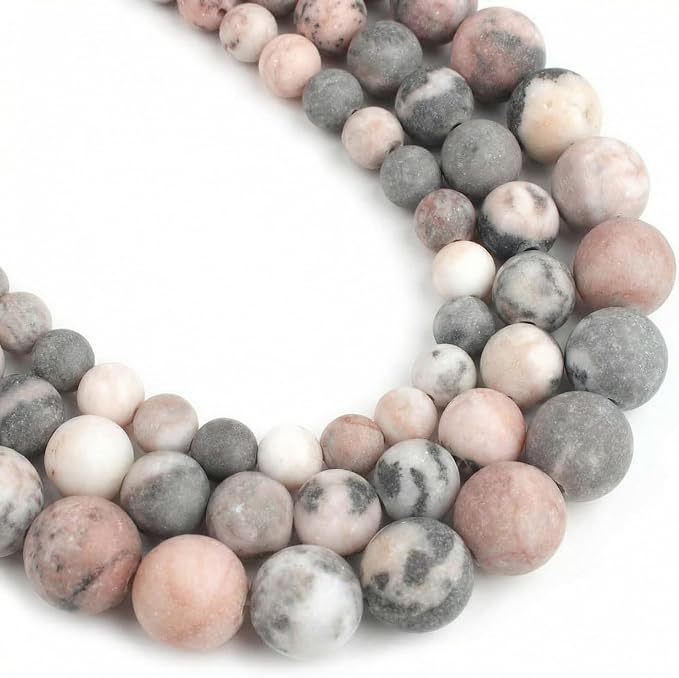 36pcs Natural Matte Pink Zebra Gemstone Beads，10mm Frosted Round Loose Stone by Yochus