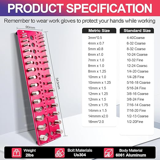 51-in-1 Bolt Size Finder & Thread Checker, 32 Metric & 32 SAE Nut and Bolt Thread Gauge with 19 Drill Bit Checker, CNC-Machined Aluminum Screw Size Chart, Go/No-Go ANSI Standard, Non-Slip Base