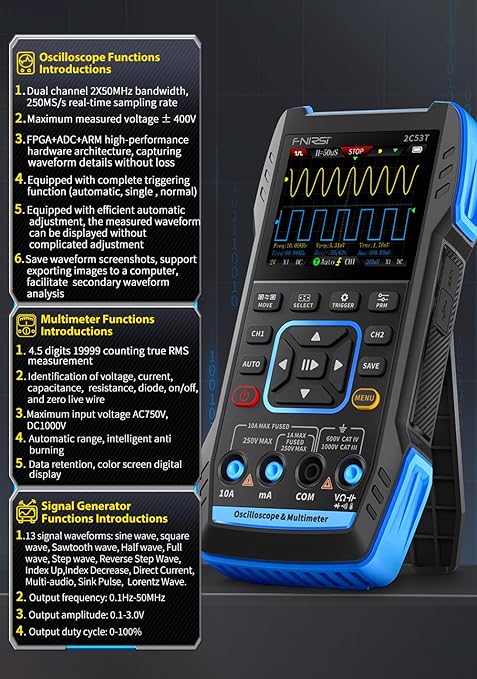 【FNRSI Newest Upgraded 2C53T with 2 P6100 Probe】 3In1 Oscilloscope/Multimeter/DDS Signal Generator 50MHz Bandwidth 250MS Sampling Rate 20000 Count RMS for Voltage, Current, Capacitor, Resistor, Diode