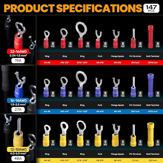 SOMELINE Crimping Tool for Insulated Electrical Wire Connectors Kit, with 21 Sizes PVC Insulated Wire Terminals and 22-10 AWG Ratchet Crimping Pliers – for Automotive & Electrical Repairs