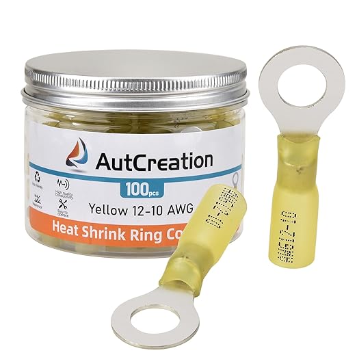 AutCreation 100PCS Heat Shrink Ring Terminals 5/16" Yellow 12-10 AWG Marine Grade Electrical Wire Connectors, Tinned Red Copper Resistant Ring Connectors, Insulated Waterproof Crimp Terminals