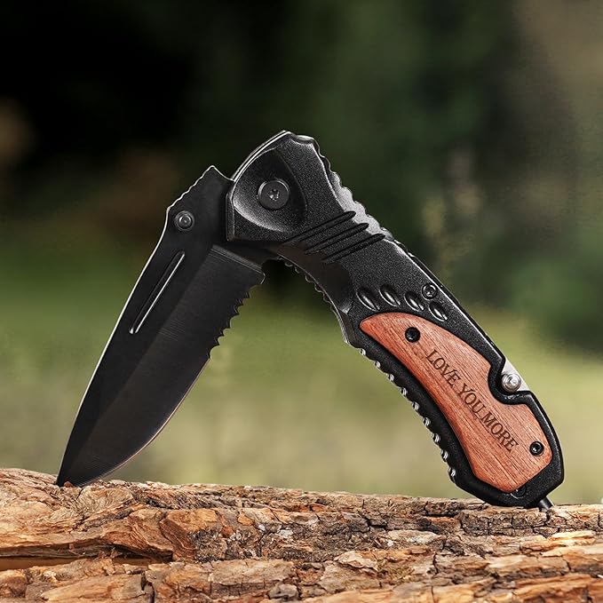 Gifts for Him Men Husband, Christmas Stocking Stuffers, Anniversary Birthday Gifts ideas for Him, Engraved Pocket Knife, Wooden Handle Folding Knife with Wood Box, Unique Outdoor Camping Hiking Tool