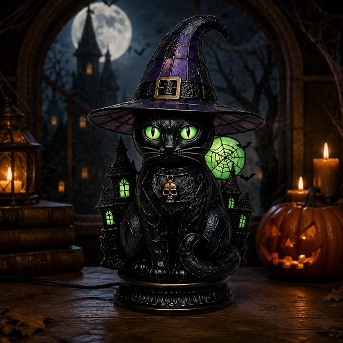 Resin Black Cat Witch Hat Table Lamp by Unknown
