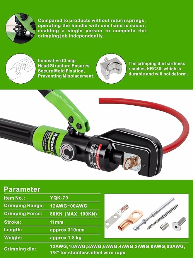 AMZCNC 10 Tons Hydraulic Wire Battery Cable Lug Terminal Crimper Crimping Tool With 9 Pairs of Dies,1/8” Wire Rope Crimping Tool