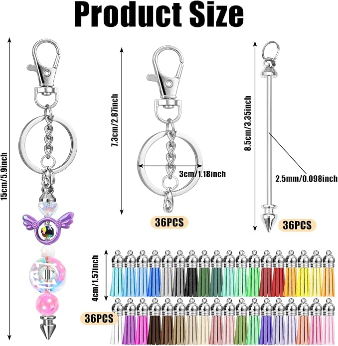 Draupnir 72 Pcs Beadable Keychains Bars, Included 36Pcs Silver Beadable - Image 2