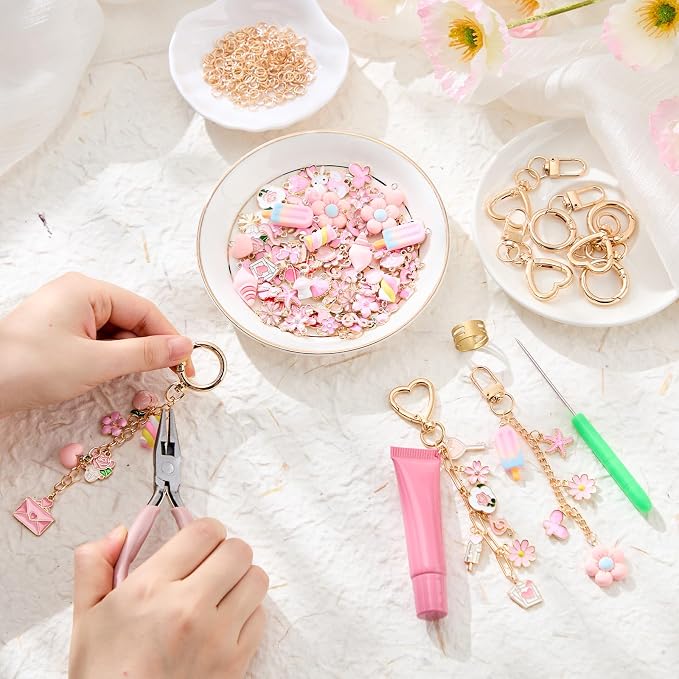 VioraWhite 457 Pcs Pink Charms Lip Gloss Keychain Making Kit, DIY Craft - Image 4