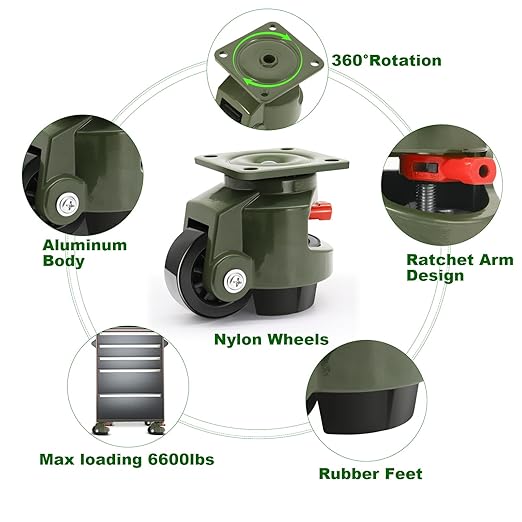 Leveling Casters Wheels, Heavy Duty Casters Wheels with Ratchet Arm 6600 LBS, Green Retractable Casters Set of 4, Nylon Wheels & Leveling Feet, Suitable for Equipment, Machine