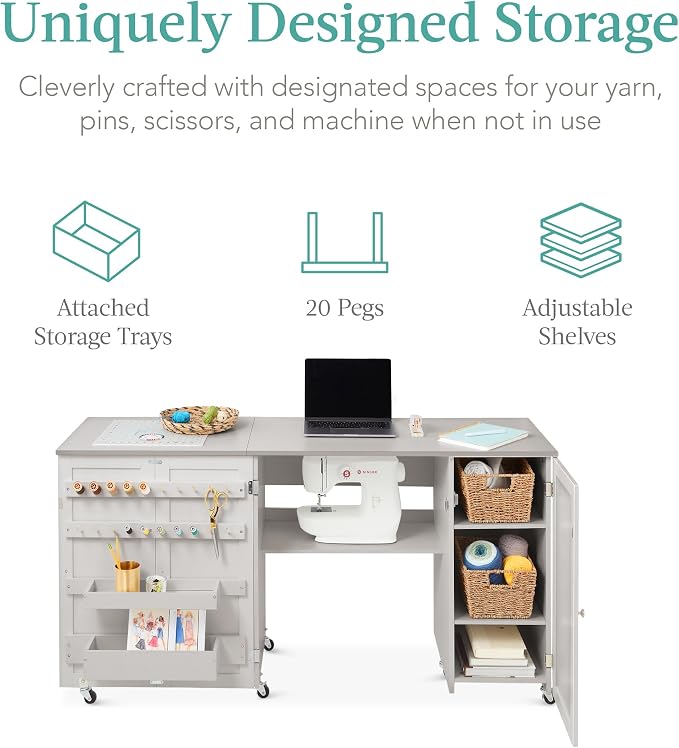Best Choice Products Large Folding Sewing Table, Caster Wheels, Storage Shelves - Image 3