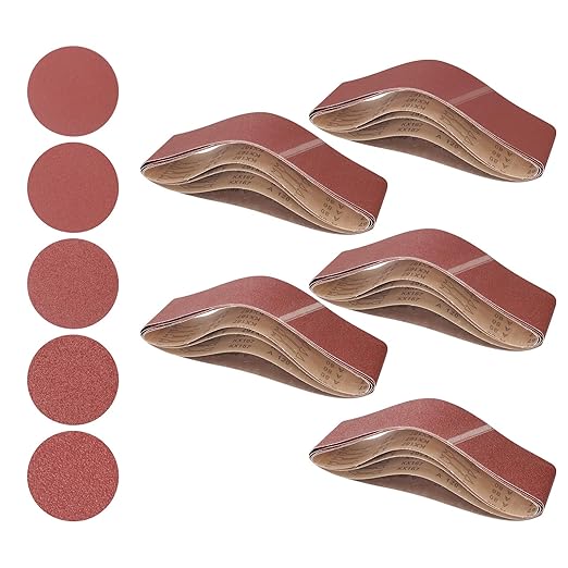 Sanding Belts and Sanding Discs Set - 10 Pack 4x36 Inch Aluminum Oxide Belts(80/120/150/240/400 Grit) and 10 Pack 6-Inch Self-Adhesive Discs (80/100/120/180/240/400 Grit) for Wood, Metal Polishing