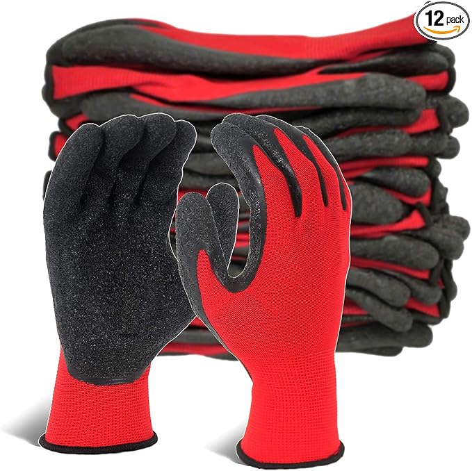 Evridwear Crinkle Latex Rubber Hand Coated Safety Work Gloves for Men Women General Multi Use Construction Warehouse Gardening Assembly Landscaping (L-Size) 12 Pairs Pack