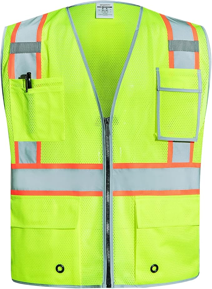 SKSAFETY 10 Pockets Safety Vest, Class 2 High Visibility Security with Zipper Double-sided mesh, Hi Vis Vest with Reflective Strips, ANSI/ISEA Standard, Construction Work Vest （Lime, 4XL）