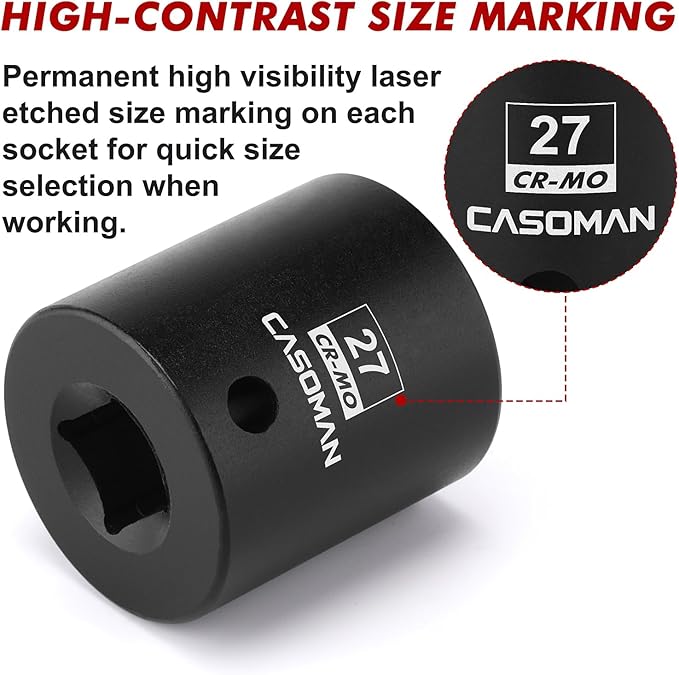 CASOMAN 1/2" Drive x 27mm Impact Socket, 6-Point, Metric, CR-MO Steel