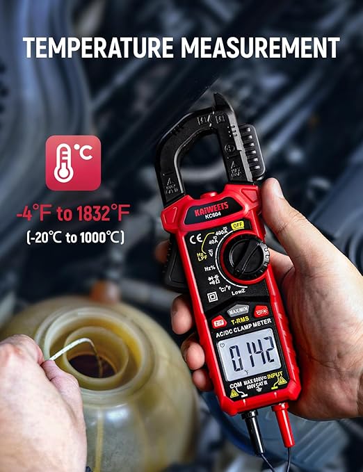 KAIWEETS Digital Clamp Meter Multimeter with D-Shaped Jaw for AC/DC Current & Voltage, Auto-ranging 4000 Counts Voltage Tester with Flashlight Backlight, Measuring Temperature Continuity Diode NCV