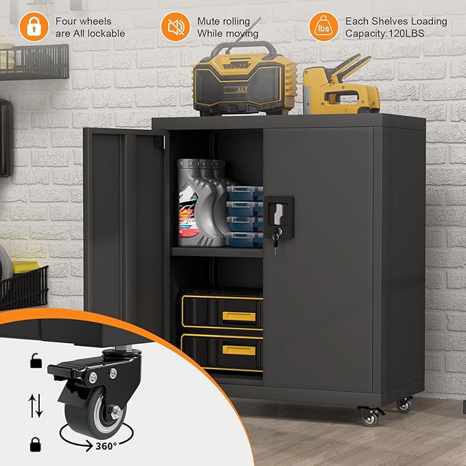 31.5''H Metal Storage Cabinets with Lock, Metal Garage Storage Cabinet on Wheels, Lockable Rolling Tool Chest Cabinet with Doors & Adjustable Shelves for Garage, Home, Office, Assembly Required