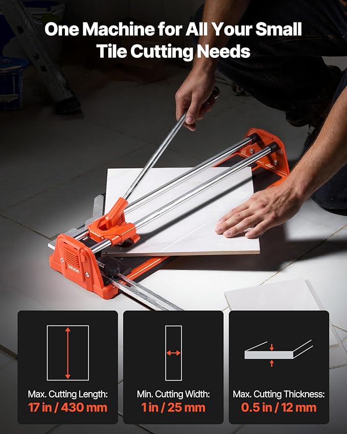 VEVOR 17-Inch Manual Tile Cutter for Wall & Polished Tiles,Double Rails for Precise Cutting, Tungsten Carbide Wheel,Non-Slip Handle,Anti-Displacement Pressure Rod,Precise Cuts for Pros & Beginners