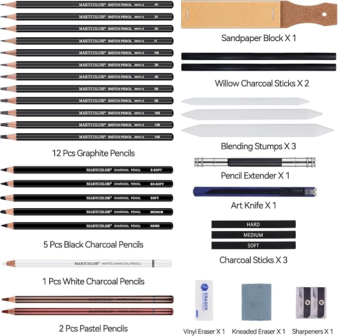 MARTCOLOR Drawing Sketching Pencils Set, 34 Pieces Pro Art Pencil Kit - Image 2