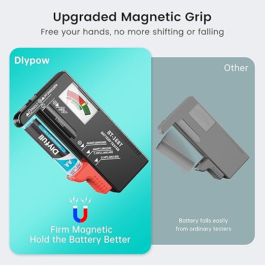 DLYPOW Battery Tester, Universal Battery Checker Small Battery Tester for AAA AA C D 9V 1.5V Button Cell Household Batteries (Upgraded Magnetic Version)