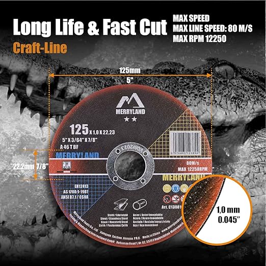 Merryland Cut Off Wheel 5 inch for Angle Grinder, Metal Cutting Wheel 5 X .045 X 7/8 Ultra Thin 25 Pack, Iron Stainless Steel Cutting Disc, Craft-Line C13081042