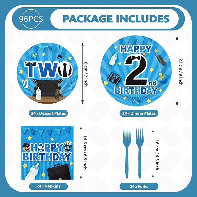 96Pcs Boss 2nd Birthday Party Decoration Baby Boy Second Birthday Plates and - Image 2