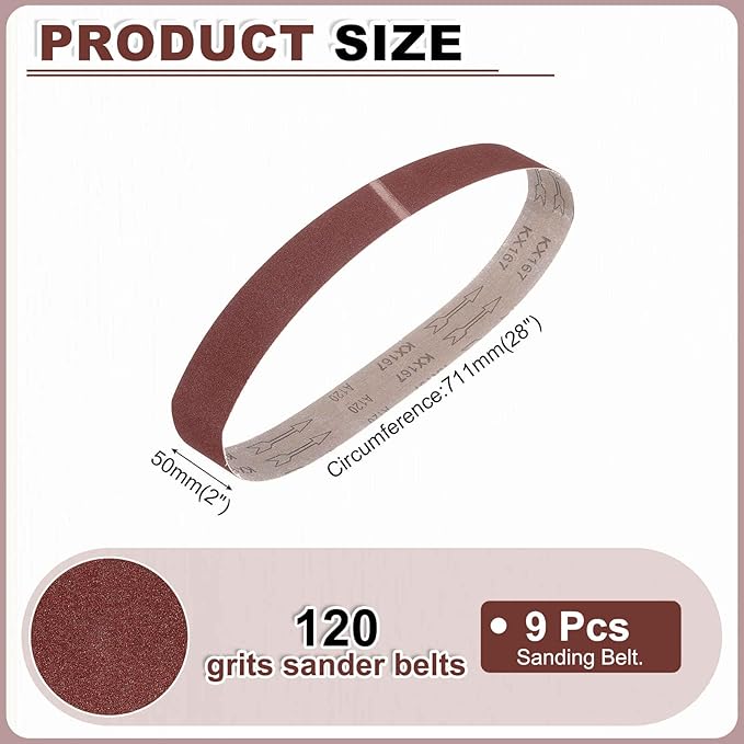HARFINGTON 2 x 28 Inch Sanding Belts, 9 Pcs 120 Grit Aluminum Oxide Abrasive Belt Sander File Belt for Woodworking, Metal Polishing, Knife Sharpener