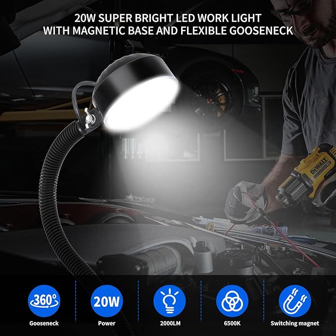 20W WangJiaTai Magnetic Work Light, LED Machine Light with 20 in Flexible Gooseneck and Magnetic Base, Magnetic Shop Lamp, Lathe Light, for Work Bench, Sewing Machine, Grill, Industrial Lighting,Black