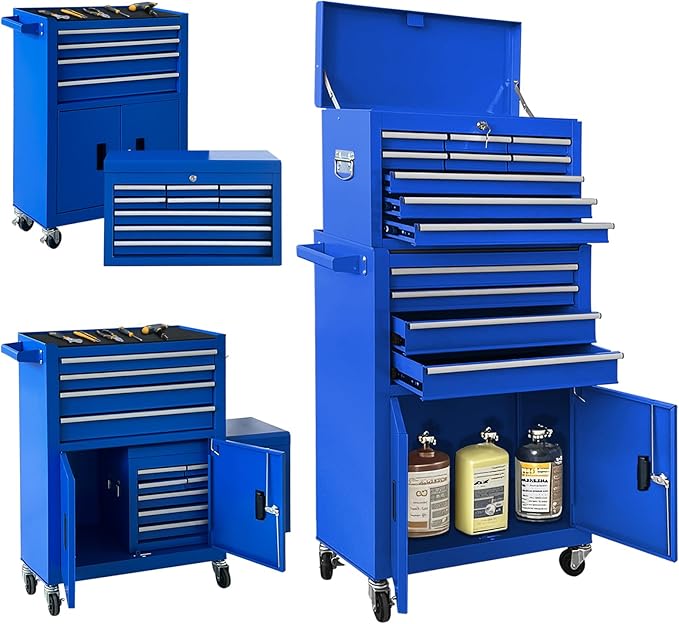 13-Drawer Double Doors Handle Rolling Tool Chest, 2 in 1 Detachable Rolling Tool Chests, Large Tool Boxes with lock, Metal Standing Tool Cabinet for Garage Workshop(Blue)