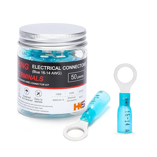 HKS 50 PCS Ring Terminals 5/16" Blue 16-14 AWG - M8 - Electrical Connectors - Heat Shrink Wire Connector Kit - Tinned Red Copper - Automotive Marine Ring Connectors - Waterproof and Insulated