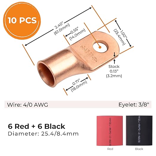 SELTERM 10pcs - 4/0 Awg - 3/8" Stud - Battery Lugs - Ring Terminal Connectors | with 12pcs 3:1 Black & Red Heat Shrink Tubing with Adhesive | Heavy Duty Battery Cable Ends - Bare Copper Wire Lugs Kit