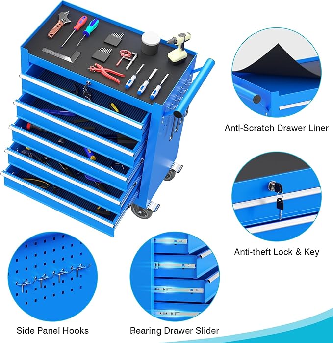 5 Drawers Rolling Tool Chest, Portable Storage Tool Box with Wheels, Tool Chest with Lock for Warehouse, Garage, Repair Shop and Tool Room