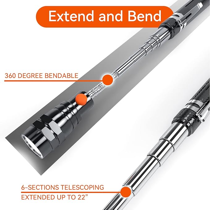 LED Magnetic Pickup Tools, Fathers Day Dad Gifts from Daughter Wife Son, Telescoping Magnetic Flashlights with Extendable Magnet Stick, Birthday Gifts for Men, Him, Dad, Boyfriends, Black