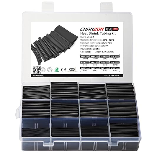 Chanzon 850 Pcs Heat Shrink Tubing Kit, 2:1 Heat Shrink Wrap Tubing with Length 1.77" (inch), Black Polyolefin Sleeving 2 to 1 Heat-Shrink Tube