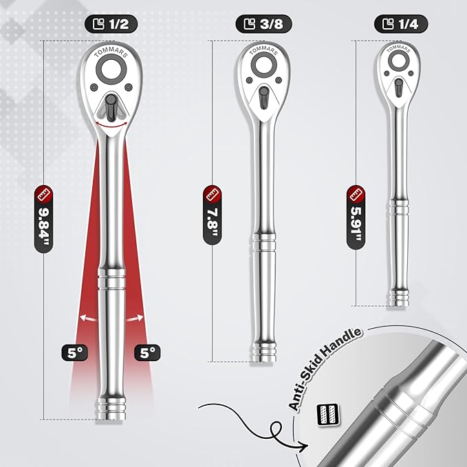 TOMMARS 1/2 inch Drive Ratchet, 72-Tooth Quick-Release Socket Ratchet Wrench Handle Reversible