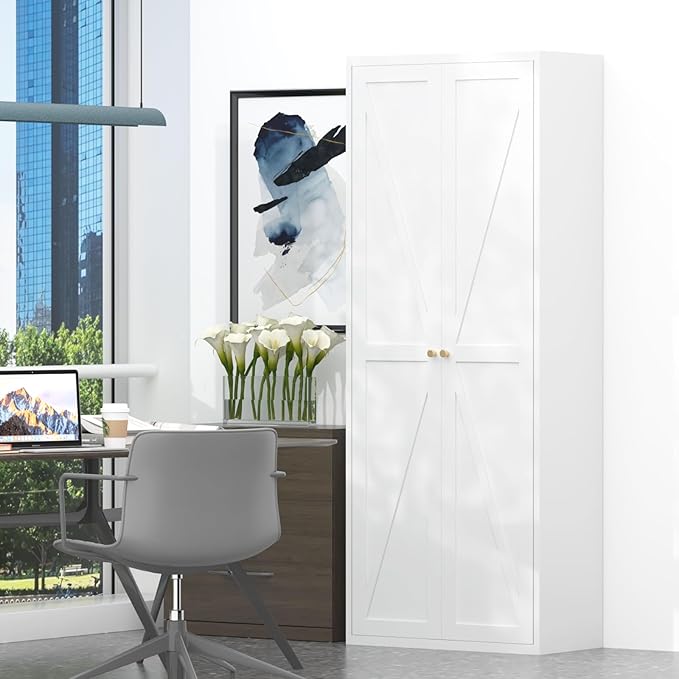 GREATMEET 71" Metal Tall Pantry Storage Cabinet, Food Pantry Cabinet, White Cupboard with Anti-Tipping Kit for Kitchen Tools Storage for Dining Room, Living Room Garage and Bathroom