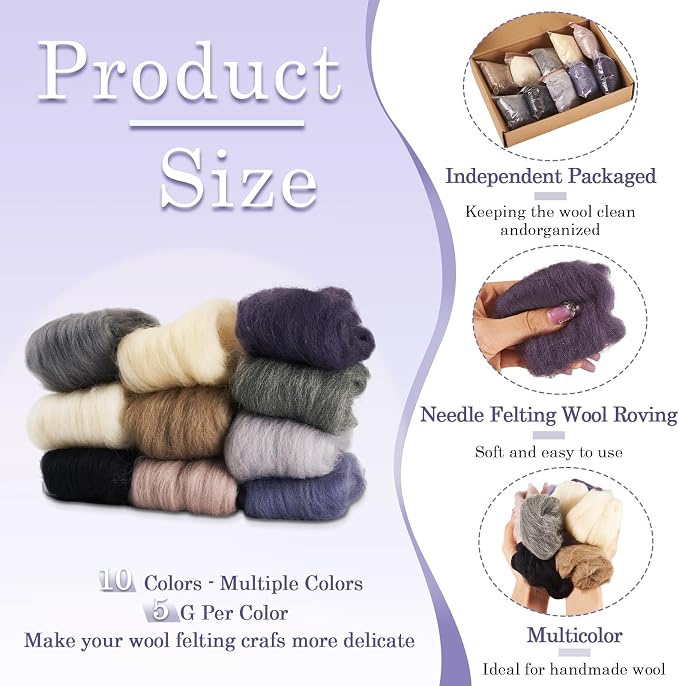 Boutigem 10 Colors 50G Black White Gray Needle Felting Wool Roving, DIY Craft - Image 3