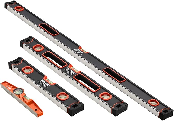 VEVOR 4-Piece Torpedo Level, 48/24/16/10 Inch All Magnetic Levels Set, Fluorescent Light Up Bubble Vials Ruler for 45/90/180 Degree, Aluminum Alloy Magnetic Box Leveler Tool, SAE and Metric Scale