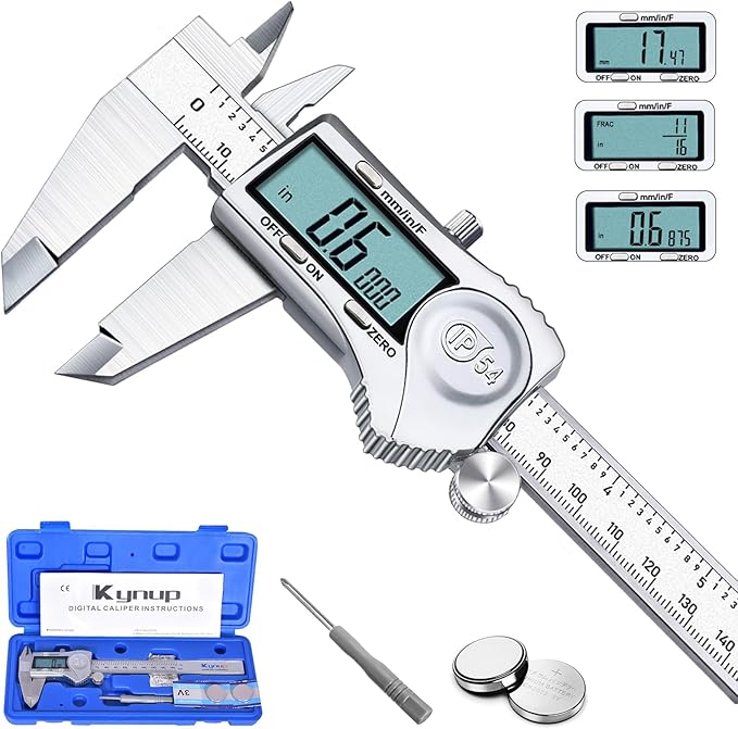 Kynup Digital Caliper, Measuring Tool, Digital Micrometer Caliper with Stainless Steel, IP54 Splash Proof Protection Design, Inch Metric Fraction Conversion, Large LCD Screen (6Inch/150mm)