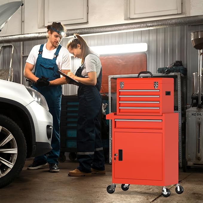 5-Drawer Rolling Tool Chest with Wheels, Lockable Metal Tool Box with Drawers, Detachable Top Cabinet & Storage Cart for Garage Workshop,Repair Room(Red)