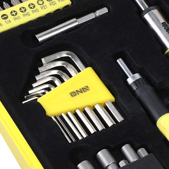 DNA MOTORING Universal Hand Tool Kit, Multi-Bit Screwdriver Hex Keys Set, Multibit Screw Driver with Screwdriver Bits, Nut Driver Set for SAE and Metric, Yellow, TOOLS-00038